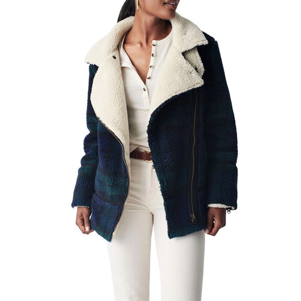 Faherty Montana Faux Shearling Moto Coat In Black Watch Plaid S NWT